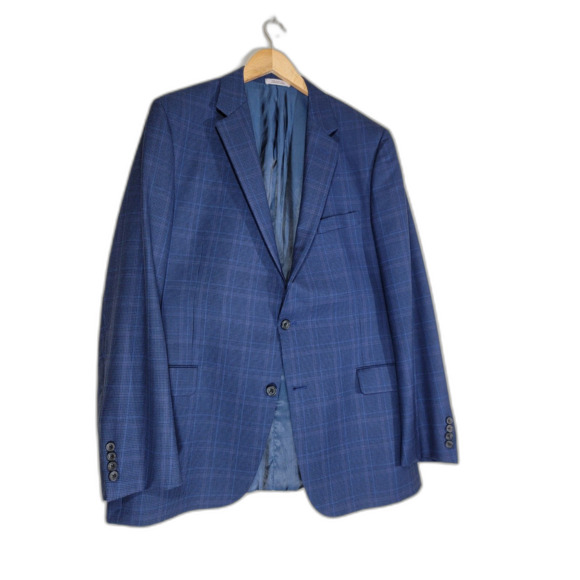 Hickey Freeman Men's Navy Blue Plaid Dual Vent Lapel Sport Coat Suit Jacket- 46L - Picture 1 of 8